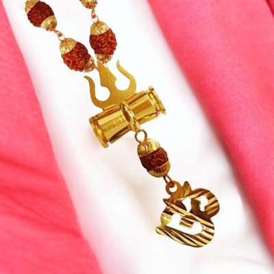 Shiv Jagdamba Religious Lord Shiv Om Trishul Damaru With Gold Cap Panchmukhi Rudraksha Mala Brass, Wood, Rudraksha Necklace