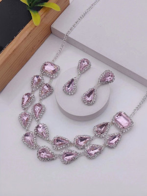 Labhumaa PINK SET WITH EARRINGS Diamond Silver Plated Alloy Necklace Set
