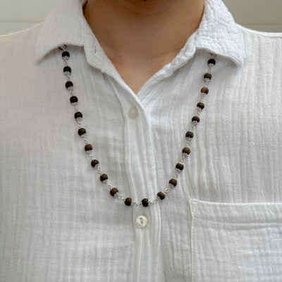 Vivity Original Karungali Malai 7mm 54 Ebony Wooden Black Beads Mala Silver Plated Brass, Copper Chain