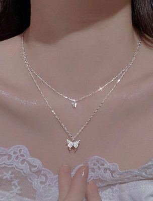 LBTK New Simple Small Fresh Female Necklace, double layered party wear chain necklace Zircon Silver Plated Alloy Chain