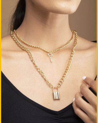 JDENTERPRISES Golden Double Layered Key Lock Chain Necklace For Girls And Women Gold-plated Plated Alloy Necklace