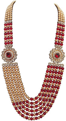 HYK 6 Layers 2 Sided Broach Golden - Mahroon Dulha Mala for Engagement - Wedding Pearl Gold-plated Plated Stone Necklace Set