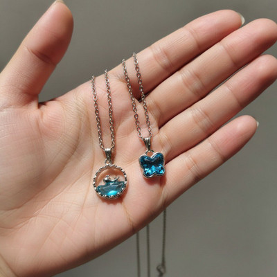 VR Divine Adorn Elegant 2 PCS Blue Diamond Dolphin & Butterfly Pendant Chain Set for Women Silver Plated Stainless Steel Necklace Set