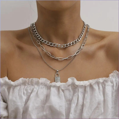 JDENTERPRISES Three Layered Silver Studded Lock Pendant Necklace For Girls And Women Cubic Zirconia Silver Plated Alloy Necklace
