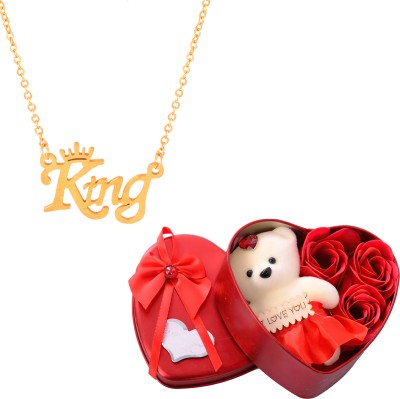 Thrillz Valentine Gifts For Boyfriend King Gold Chain Pendant Heart Box & Teddy Gifts Gold-plated Plated Stainless Steel Chain
