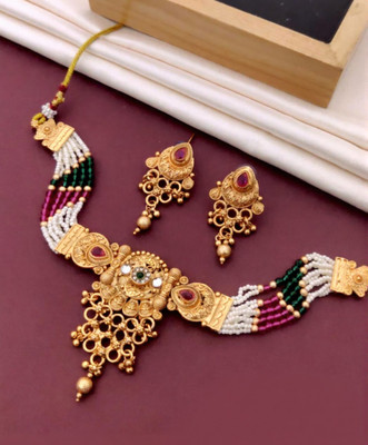 immitation Cultural: Festive Seed Pearl Beaded Choker and Jhumki-Style Earring Set Brass Plated Metal Necklace