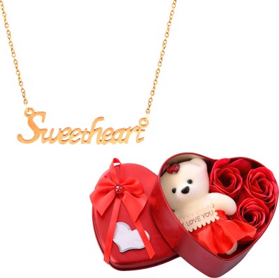 Thrillz Valentine Gifts For Girlfriend Sweetheart Gold Chain Pendant Heart Box & Teddy Gold-plated Plated Stainless Steel Chain