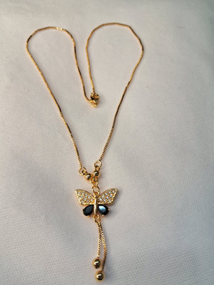 GIFT KAUNSA DE Golden Chain Butterfly Pendant Black Stone Fit Necklace for Girls and Women Crystal Metal, Stone, Oxidised Silver, Crystal Necklace Set