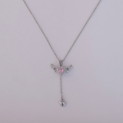 stocksy Silver Necklace with Pink Heart Wing Pendant For Women and Girls Copper Plated Metal Chain
