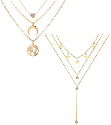 Vembley Pack Of 2 Layered Star Heart and Drop Studded Pendant Gold-plated Plated Alloy Layered