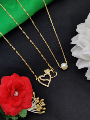 Dham Jewels Gold Plated Heart Shape Pendent And White Pearl With Golden Chain Combo Set Diamond Gold-plated Plated Alloy Chain