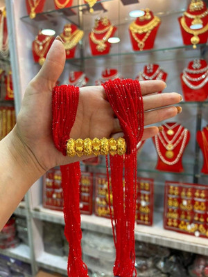 Anam Nepali Traditional Red Hydra Tilhari Pote mala Crystal Gold-plated Plated Brass Layered