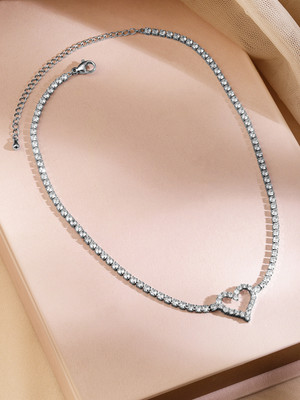 RUBANS Rhodium-Plated Heart-Shaped Cubic Zirconia Studded Tennis Statement Necklace Rhodium Plated Brass Necklace