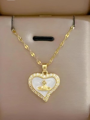 V FASHION JEWELLERY Full Diamond Heart Necklace Chain For Women and Girls Mother of Pearl Gold-plated Plated Stainless Steel Chain Set