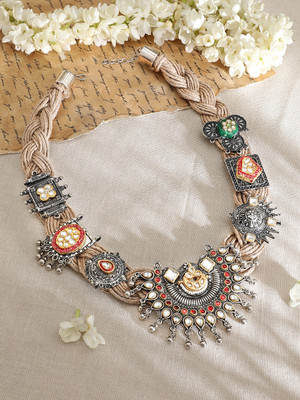 RUBANS Oxidised Silver-Plated Multicolour Bold Statement Necklace with Thread Details Silver Plated Brass Necklace
