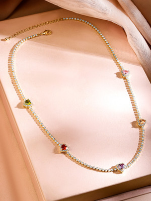 RUBANS 22K Gold-Plated Multicolor AD & CZ Studded Heart Charm Tennis Necklace Gold-plated Plated Brass Necklace