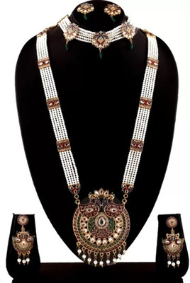 vaani Rajwadi Pearl Long Rani Haar with Necklace Jewellery Set for Women Cubic Zirconia Gold-plated Plated Metal Necklace Set
