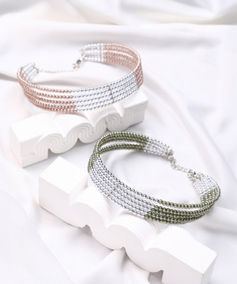 SOHI Set Of 2 Panel-Bead Choker Necklace - Olive Green & Ash Brown Silver Plated Alloy Chain
