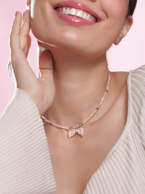 RUBANS Rhodium Plated Pink Beaded Necklace with Iridescent Butterfly Bow Pendant Silver Plated Brass Necklace