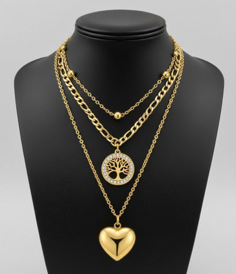 amjewels Trendy Fashion 3 Necklace Chains Combo, Heart and Tree Charm Pendants, Gold-plated Plated Alloy Layered