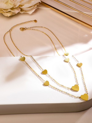 RUBANS 18K Gold-Plated SS Tarnish-Free Waterproof DoubleLayer Heart Necklace Silver Plated Stainless Steel Necklace