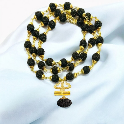 Green Spiritual Religious Trishul Damru Locket With Puchmukhi Rudraksha Mala (8MM 36Beads) Gold-plated Plated Wood Chain