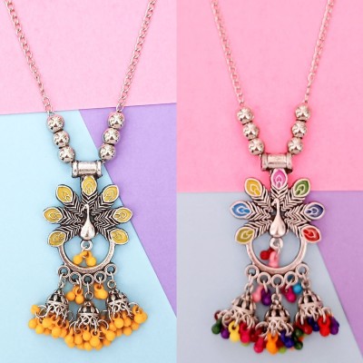 Fashion Fusion Silver Oxidized Designer Peacock Pendant with Long Chain(Combo Pack of 2) Silver Plated Alloy Necklace