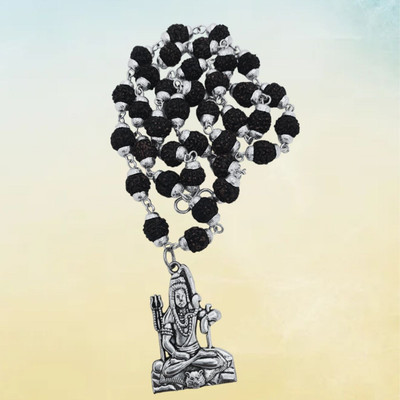 Fine Creation Black 5 Mukhi Rudraksha Black Rudraksha Mala in Silver Designer Caps Beads Silver Plated Brass, Wood Chain