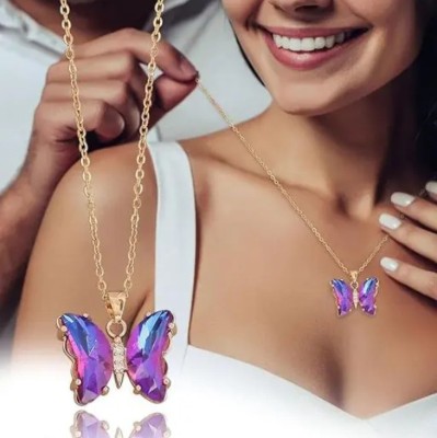 JEWELX Trendy Golden Waterproof Crystal Butterfly Korean Pendant Necklace for Women Gold-plated Plated Alloy Necklace