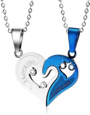 VIANSH 2 in 1 Beautiful Blue Silver Duo Heart Locket Pendant Necklace With Chain Stainless Steel Chain Set