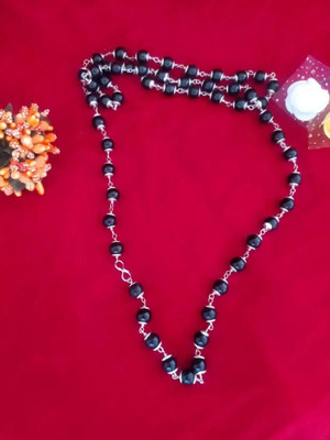 Akaraya Silver Karungali Malai 8 mm 54+1 Beads, Silver Ebony Beads Silver Plated Sterling Silver Chain