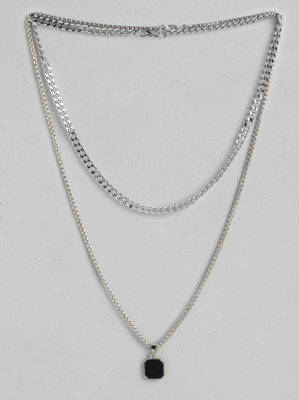 Harsh Enterprises Unisex Set of 2 Chain & Square Shaped Pendant Necklace With Chain Cubic Zirconia Silver Plated Stainless Steel Chain Set
