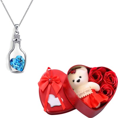 Fashion Frill Valentine Gifts For Girlfriend Heart Silver Chain Pendant Heart Box & Teddy Gift Crystal Silver Plated Stainless Steel Chain