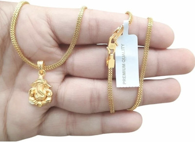 TopShopSurat Ganesha Daimond Mini GoldPlated With 2 Line Chain Gold Plated Brass Pendant Set Cubic Zirconia Gold-plated Plated Brass Necklace Set