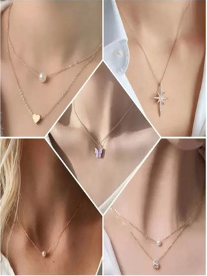 brado jewellery Combo of 5 Traditional 18 inch Daily Wear Necklace Set for Women Pearl, Diamond Gold-plated Plated Brass Necklace