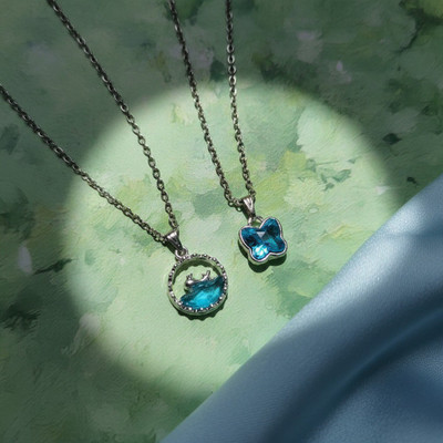 VR Divine Adorn Stylish 2 PCS Blue Diamond Dolphin & Butterfly Pendant Necklace Set for Girls Silver Plated Stainless Steel Necklace Set