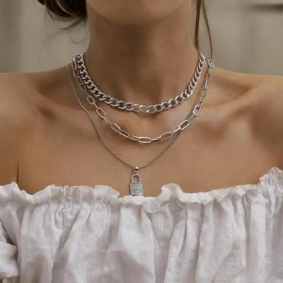 Vembley Special Three Layered Silver Studded Lock Pendant Necklace For Her Silver Plated Alloy Necklace