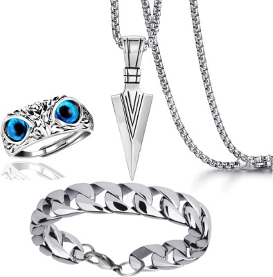 6TFLYs Sliver Plated Curve Chain,Bracelet And Lion Ring Jewel Set For Men And Boy. Silver Plated Stainless Steel Chain