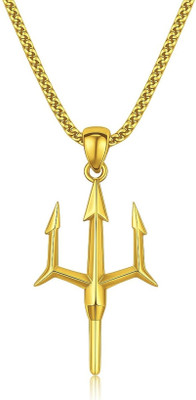fab bling Lord Shiva Trishul Locket Chain Cubic Zirconia Gold-plated Plated Stainless Steel Chain