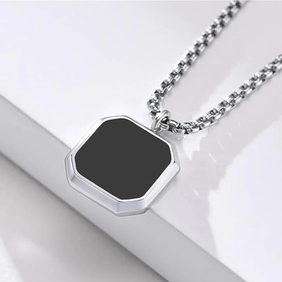 Oscar Enterprises Black Cubic Silver Coated Bar Pendant Necklace For Mens and Grils Silver Plated Stainless Steel Chain