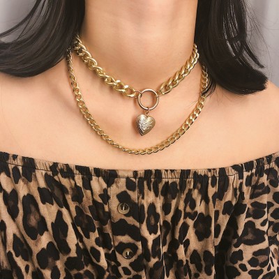 Arzonai punk jewelry can open heart-shaped pendant exaggerated double curve chain short Metal Chain Set