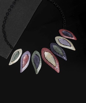 SOHI Women's Multicolour Dented Leaf Necklace Black Silver Plated Alloy Necklace