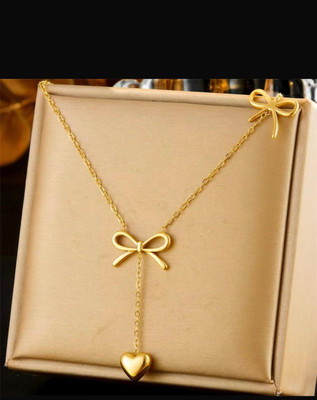 KRAFYASTORE Gold Plated Double Bow and Heart Dangle Charm Necklace Brass Chain