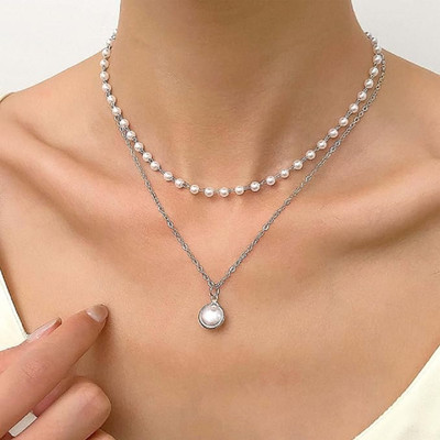 Daliva Double Layered Pearl Pendant Silver Necklace For Girls And Women Gold-plated Plated Alloy Necklace