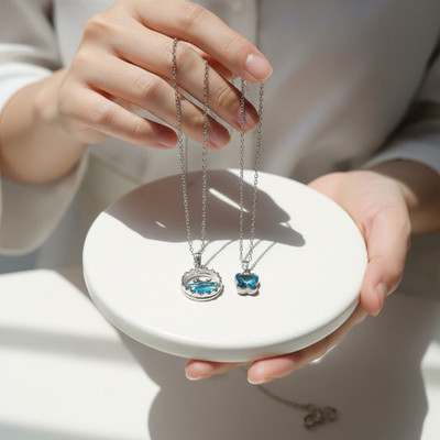 VR Divine Adorn Fashion 2 PCS Pendant Necklace Set | Blue Diamond Dolphin & Butterfly Jewelry Silver Plated Stainless Steel Necklace Set