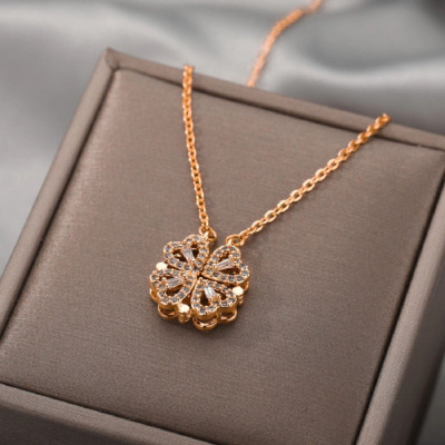 REVERSEA FOUR HEART MAGNETIC OPENABLE 2 STYLE PENDANT CHAIN Diamond Stainless Steel Chain