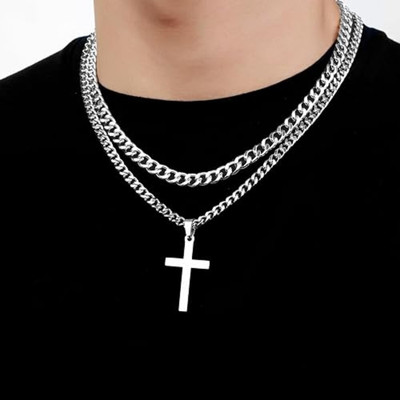 Oscar Enterprises Pine Pearls Double Layered Silver Plated Cross Necklace For MenAP-12 Silver Plated Stainless Steel Chain