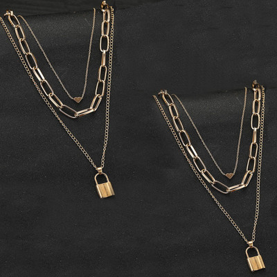 AVIRA ENTERPRISES Pack of 2 Fancy Gold Plated Triple Layered Heart Lock Pendant Necklace Gold-plated Alloy Pendant Set