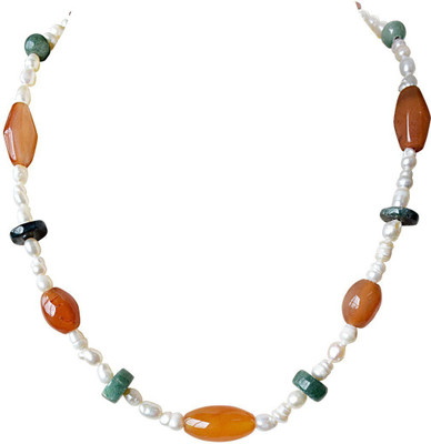 SURAT DIAMONDS Single Line Orange & Green Agate and Rice Pearl Necklace for Women Agate, Pearl Metal Necklace