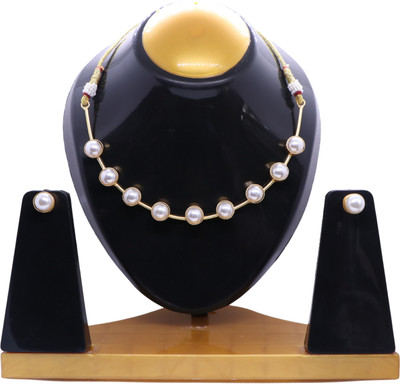 TheQueenVibes Gold Plated White Bead Necklace Set with Golden Chain & Earrings Gold-plated Beads Brass, Metal Pendant Set